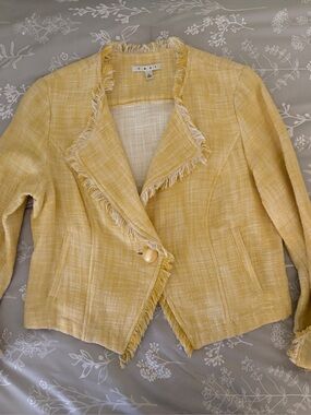 CAbi Sunlit Yellow Linen Herringbone Fringed Tweed Blazer